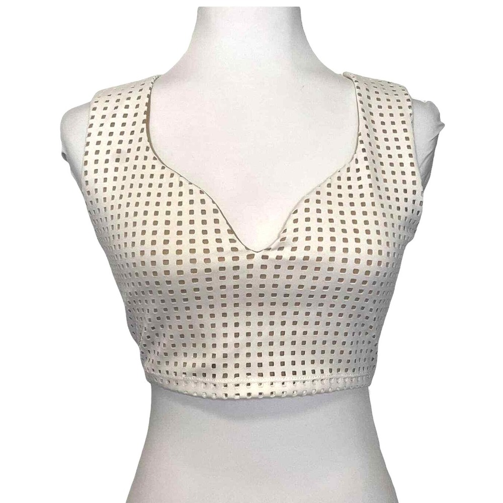 Lulus Crop Top XS Laser Cut Geometric Party Modern V-Neck Sleeveless White Tan